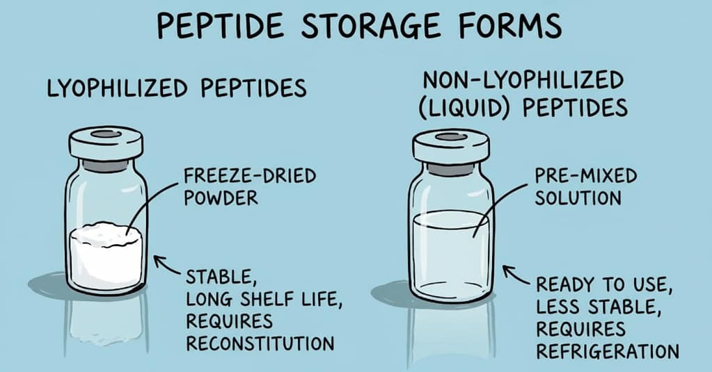 Lyophilized Peptides: Definition, Stability, Handling and Storage 2 Infographic showing the difference between lyophilized and non-lyophilized peptide storage forms