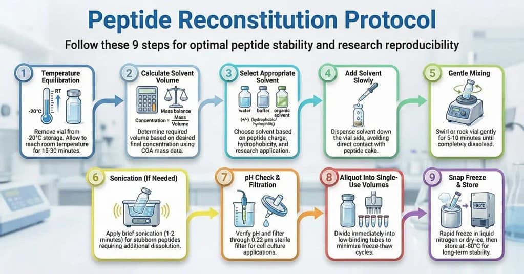 How to Reconstitute Lyophilized Peptides: Step-by-Step Guide 2 Infographic showing how to reconstitute peptides for laboratory work.