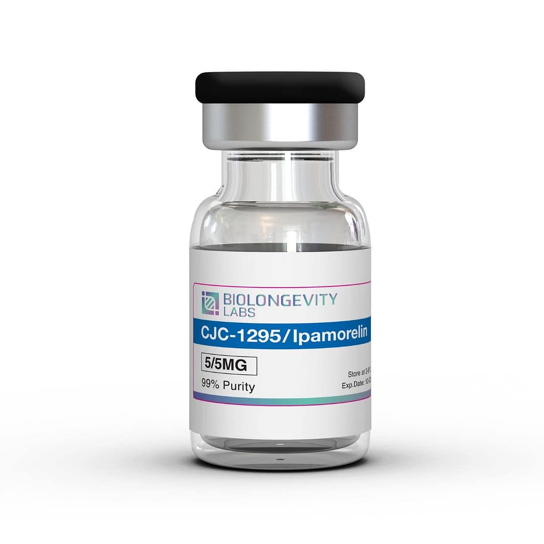 Glass vial with sealed cap labeled CJC-1295 Ipamorelin Blend 10MG 99% Purity from Biolongevity Labs.