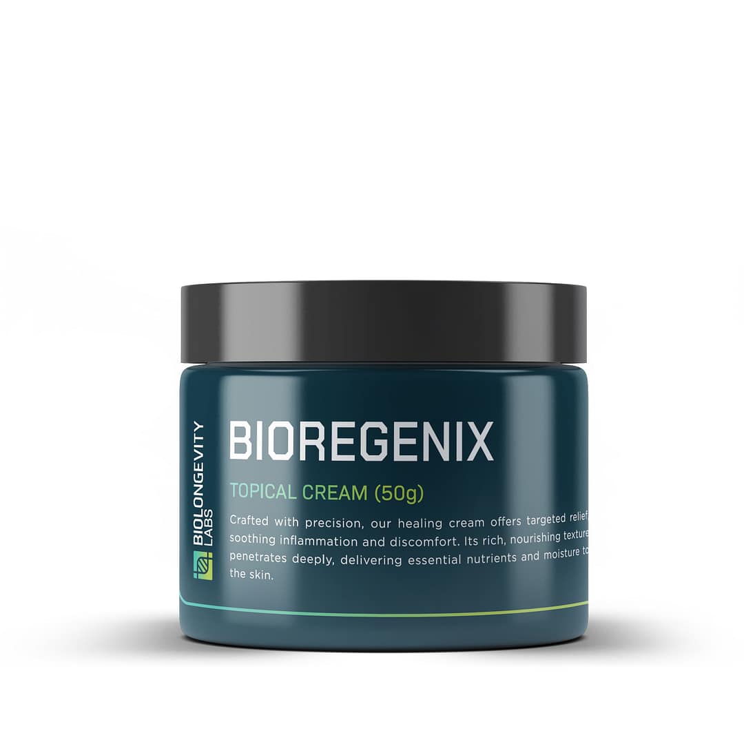 BioRegenix Recovery Cream 1 Biolongevity Labs BIOREGENIX topical cream in a 50g teal jar with black lid. Label describes a healing cream for targeted relief, soothing inflammation, and delivering nutrients to the skin
