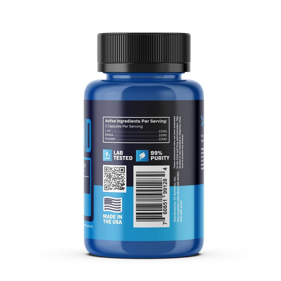 BioMind 3 Biomind 60 capsules displaying back label. Active ingredients per serving (2 capsules): J-147 (10MG), Dihexa (10MG), and Noopept (10MG).