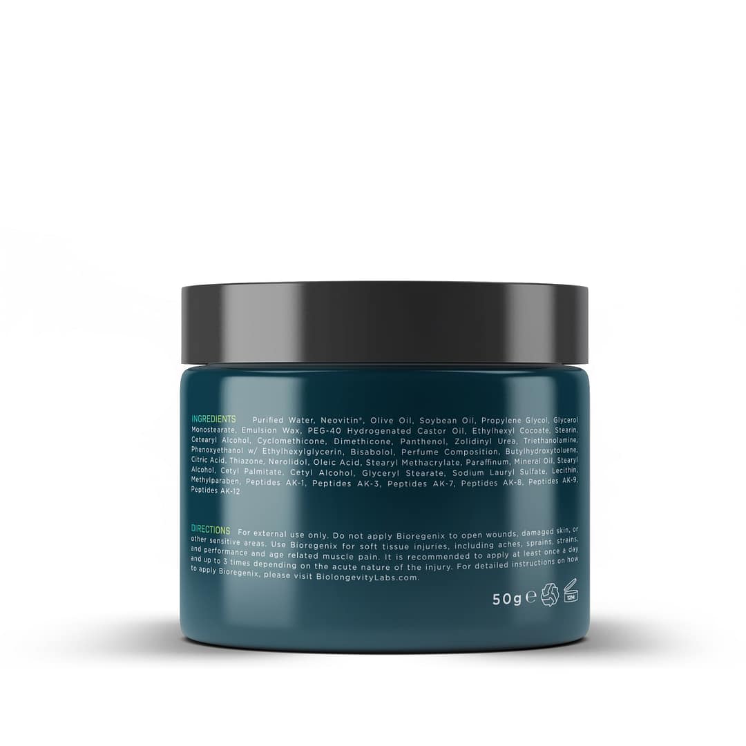 BioRegenix Recovery Cream 2 Biolongevity Labs BIOREGENIX topical cream in a 50g teal jar with black lid. Label describes a healing cream for targeted relief, soothing inflammation, and delivering nutrients to the skin