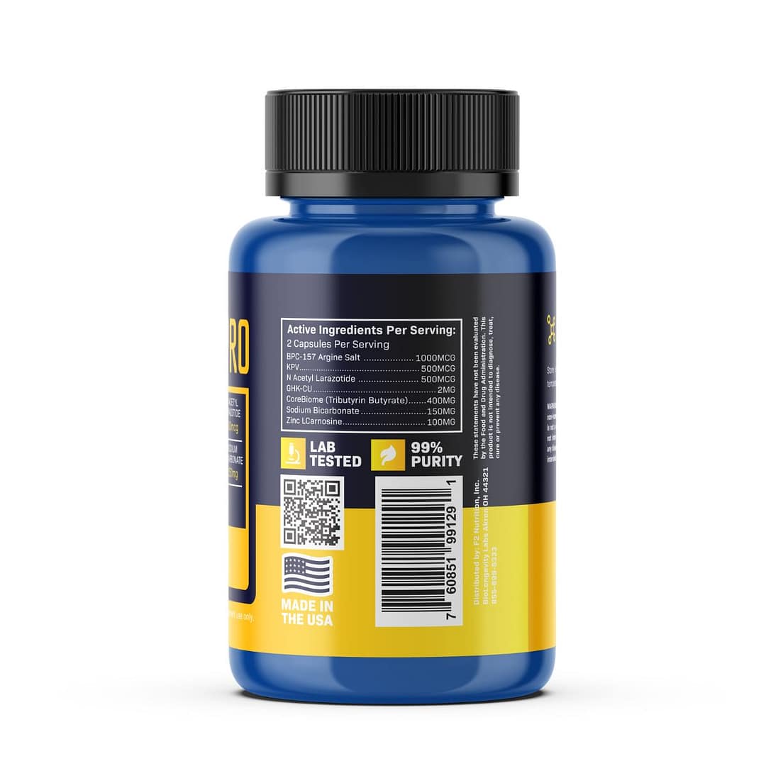BioGutPro 2 BioGutPro back label with active ingredients per serving (2 capsules): BPC-157 Argine Salt (1000MCG), KPV (500MCG), N Acetyl Larazotide (500MCG), GHKCU (2MG), CoreBiome (Tributyrin Butyrate) (400MG), Sodium Bicarbonate (150MG), and Zinc LCarnosine (100MG)