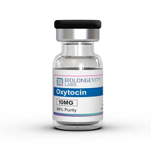 The World's Most Advanced Research Peptides and Bioregulators 50 Glass vial with sealed rubber cap labeled Oxytocin 10MG 99% Purity from Biolongevity Labs.