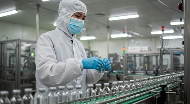 Mannitol vs Trehalose: Excipient Use in Peptide Manufacturing 1 A lab technician works at a modern manufacturing facility, with a row of clear glass vials moving along a production line conveyor belt.