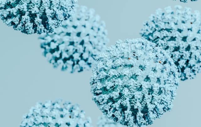 Thymosin Alpha-1 Guide: The Research Behind the Peptide 2 Microscopic view of several spiky, spherical virus particles rendered in blue-green tones.