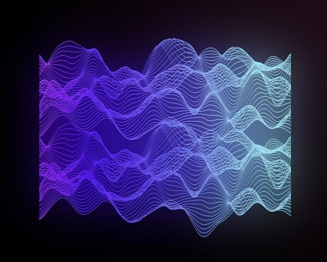 PT-141 Peptide Research: From Neural Networks to Metabolism 1 Wireframe waves in luminous purple to cyan gradient create layered undulating patterns with glowing lines against a dark background.