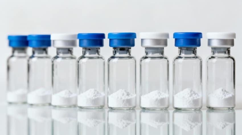 Lyophilized Peptides: Definition, Stability, Handling and Storage 1 Row of small clear glass lyophilized peptide vials, each containing a white lyophilized substance at the bottom. The vials are sealed tops in alternating colors, mainly blue and white.