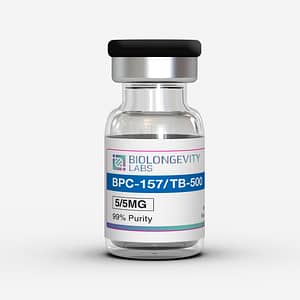 Glass vial with sealed cap labeled BPC-157 TB-500 Blend 10MG 99% Purity from Biolongevity Labs.