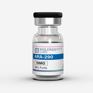 Glass vial with prescription cap labeled ARA-290 15MG 99% Purity from Biolongevity Labs.