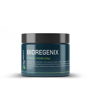 Biolongevity Labs BIOREGENIX topical cream in a 50g teal jar with black lid. Label describes a healing cream for targeted relief, soothing inflammation, and delivering nutrients to the skin