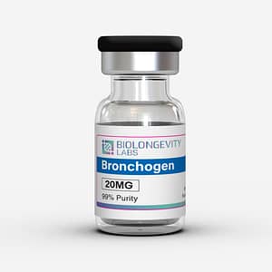 Glass vial with stopper cap labeled Bronchogen 20MG 99% Purity from Biolongevity Labs.