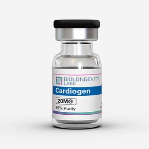 Glass vial with capped seal labeled Cardiogen 20MG 99% Purity from Biolongevity Labs.