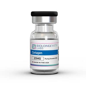 Glass vial with metal and rubber cap labeled Cortagen 20MG 99% Purity from Biolongevity Labs.