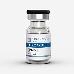 Glass vial with rubber cap labeled FOXO4-DRI 10MG 99% Purity from Biolongevity Labs.