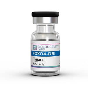 Glass vial with rubber cap labeled FOXO4-DRI 10MG 99% Purity from Biolongevity Labs.