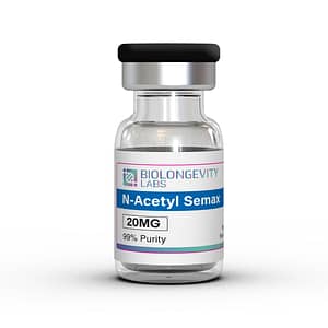 Glass vial with top-sealed cap labeled N-Acetyl Semax 20MG 99% Purity from Biolongevity Labs.