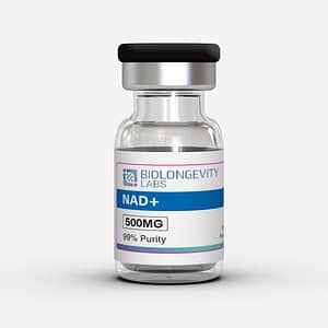 Glass vial with sealed cap labeled NAD+ 500MG 99% Purity from Biolongevity Labs.