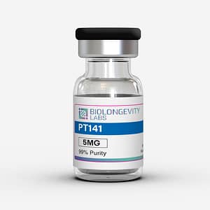 Glass vial with composite cap labeled PT-141 5MG 99% Purity from Biolongevity Labs.