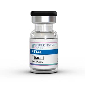 Glass vial with composite cap labeled PT-141 5MG 99% Purity from Biolongevity Labs.
