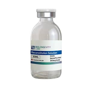 Glass vial of Biolongevity Labs Reconstitution Solution, 30ml, containing deionized pure water and .9% benzyl alcohol, made in the USA.