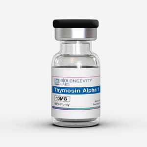 Glass vial with pharmaceutical cap labeled Thymosin Alpha 1 10MG 99% Purity from Biolongevity Labs.