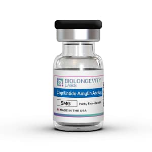 Glass vial of Biolongevity Labs Cagrilintide Amylin Analog, 5MG, with purity exceeding 99%, made in the USA.