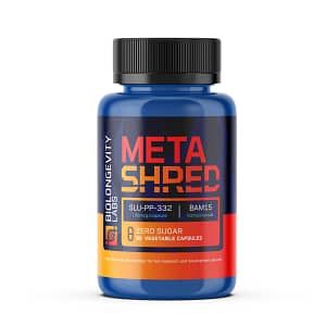 META SHRED product bottle containing SLU-PP-332 (100mcg) and BAM15 (50mg). 90 vegetable capsules for research use only.