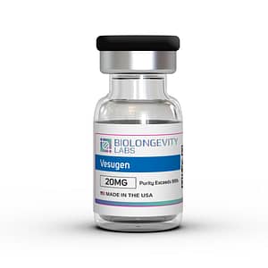 Glass vial of Biolongevity Labs Vesugen, 20MG, with purity exceeding 99%, made in the USA.