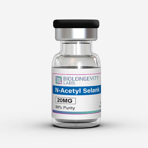 Glass vial with rubber stopper labeled N-Acetyl Selank 20MG 99% Purity from Biolongevity Labs.