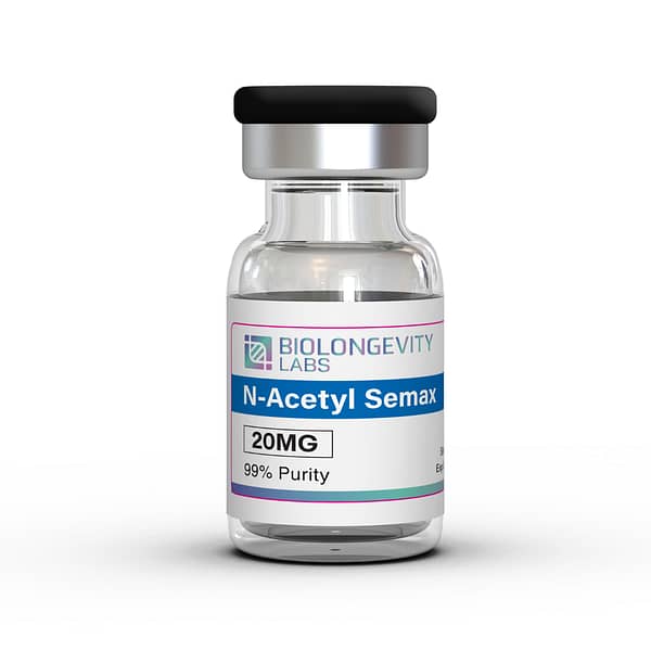 Glass vial with top-sealed cap labeled N-Acetyl Semax 20MG 99% Purity from Biolongevity Labs.