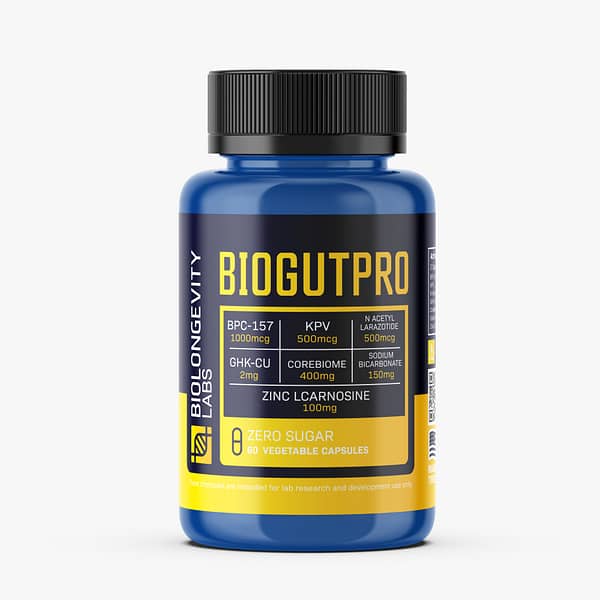 BIOGUTPRO bottle with seven active ingredients including BPC-157, KPV, N Acetyl Larazotide, and others. Contains 60 vegetable capsules for research use only.