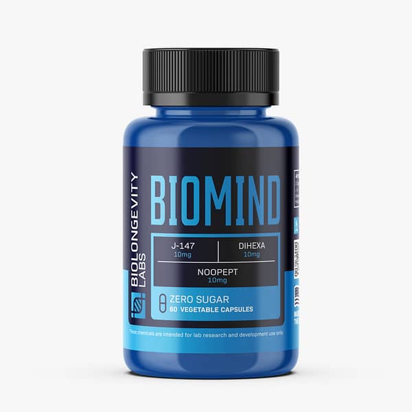BIOMIND by Biolongevity Labs. Front label shows three active ingredients: J-147 (10mg), Dihexa (10mg), and Noopept (10mg)