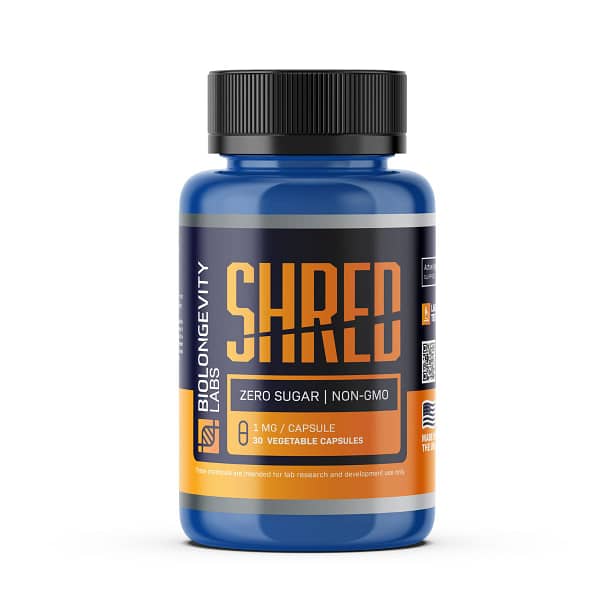 Biolongevity Labs SHRED supplement bottle containing SLU-PP-332 . Contains 30 vegetable capsules, zero sugar, and labeled for lab research use only.